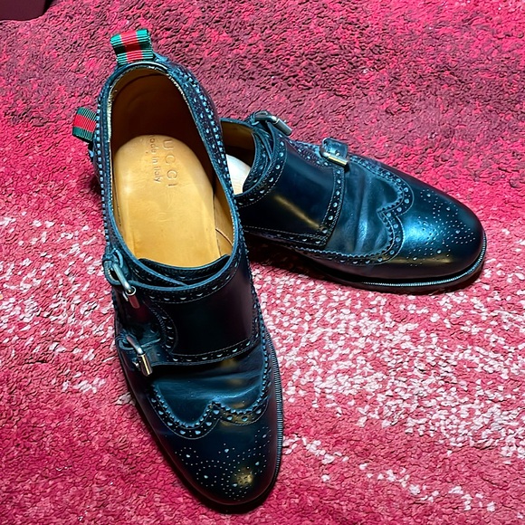 🖤 GUCCI 🖤 🇮🇹 Authentic Double Monk Strap Brogue Black Leather Shoe Men 8.5 9 - Picture 4 of 15